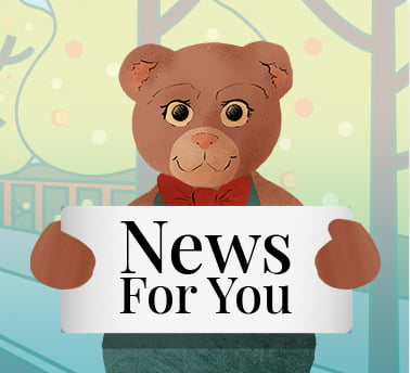 Artey the Art Bear holding a news for you sign about online art lessons news